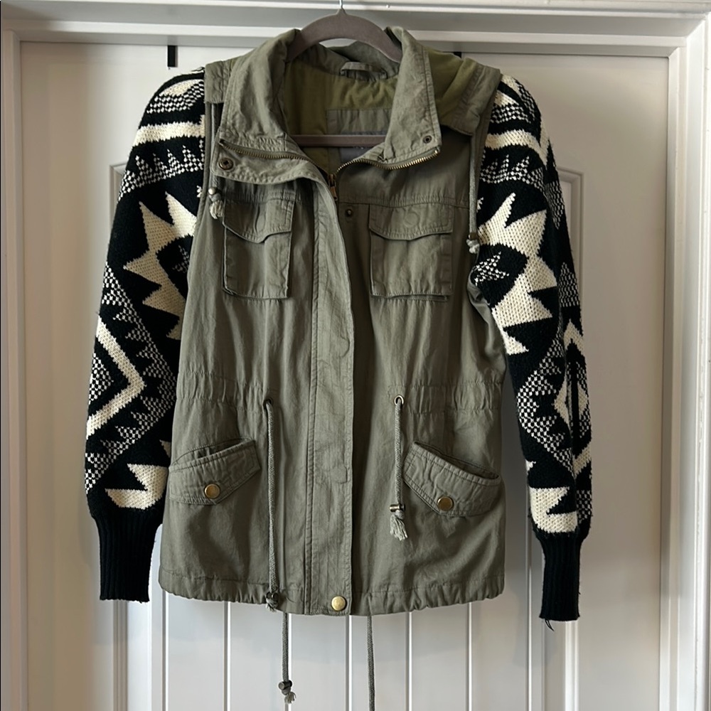 Olive Green Jacket with Black and Cream Patterned Sleeves